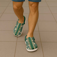 Hawaiian Art Flower Tribal with Lei Clogs Shoes Palaka Pattern Green Color LT03 - Polynesian Pride