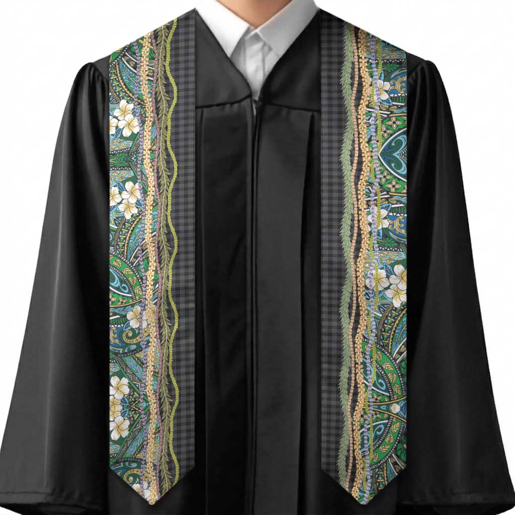 Hawaiian Art Flower Tribal with Lei Graduation Stole Palaka Pattern Black Color