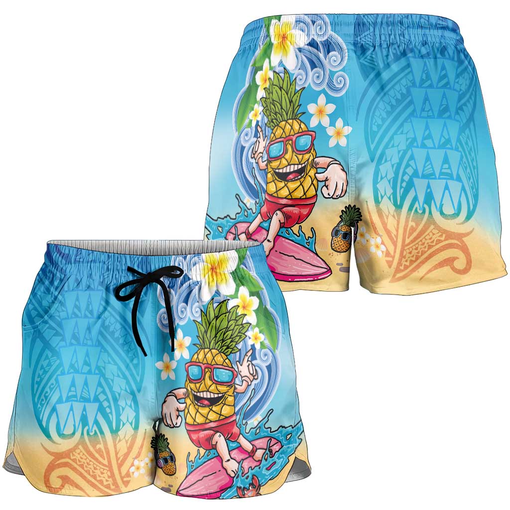 Hawaiian Funny Pineapple Surfing Shorts for Women Beach with Tribal Kakau and Plumeria LT03 - Polynesian Pride