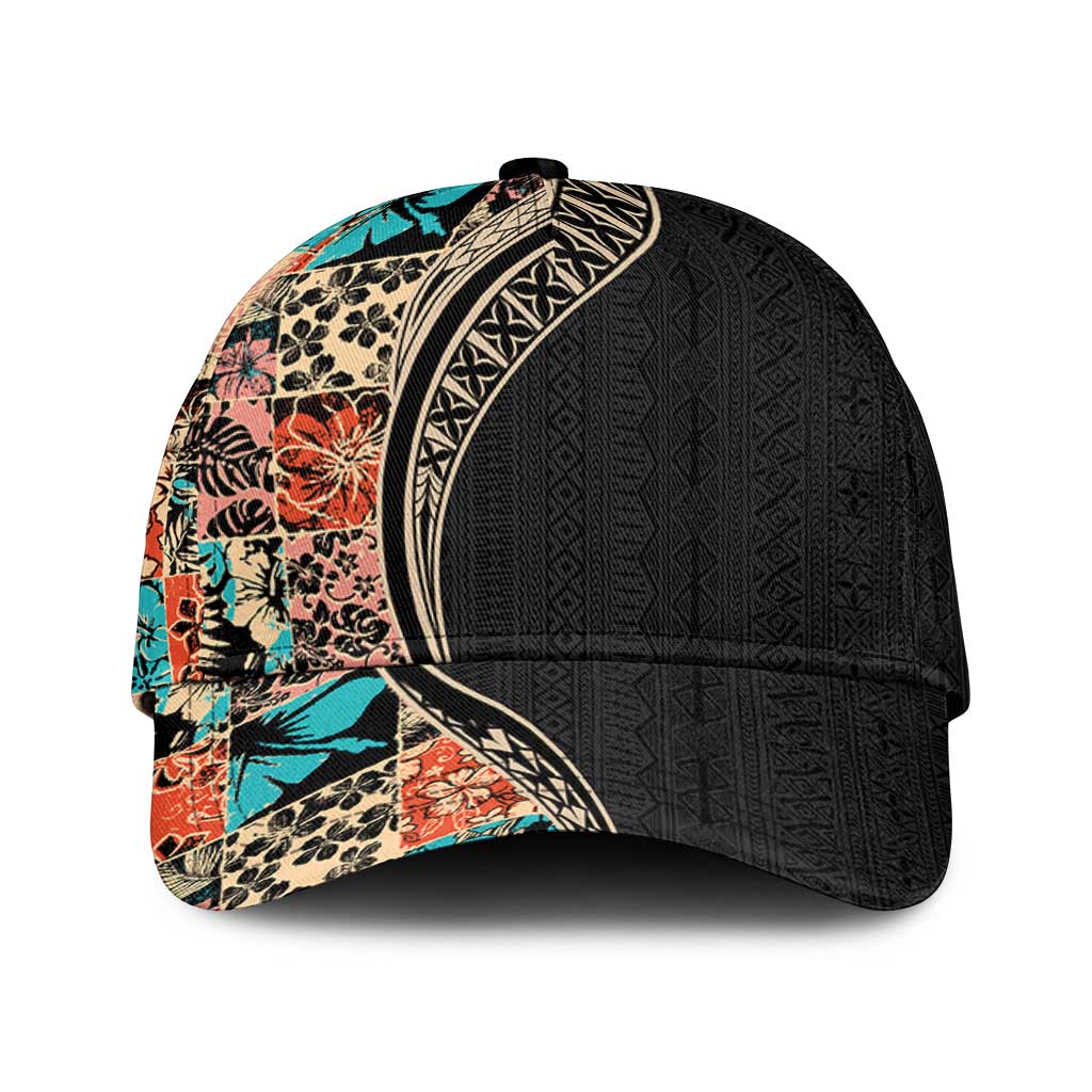 Hawaiian Hibiscus and Tropical Leaves Classic Cap Patchwork Grunge Abstract Tapa Tribal Pattern LT03 Universal Fit Black - Polynesian Pride
