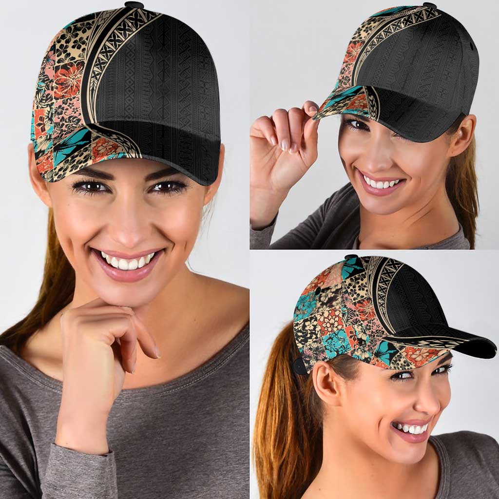 Hawaiian Hibiscus and Tropical Leaves Classic Cap Patchwork Grunge Abstract Tapa Tribal Pattern LT03 - Polynesian Pride