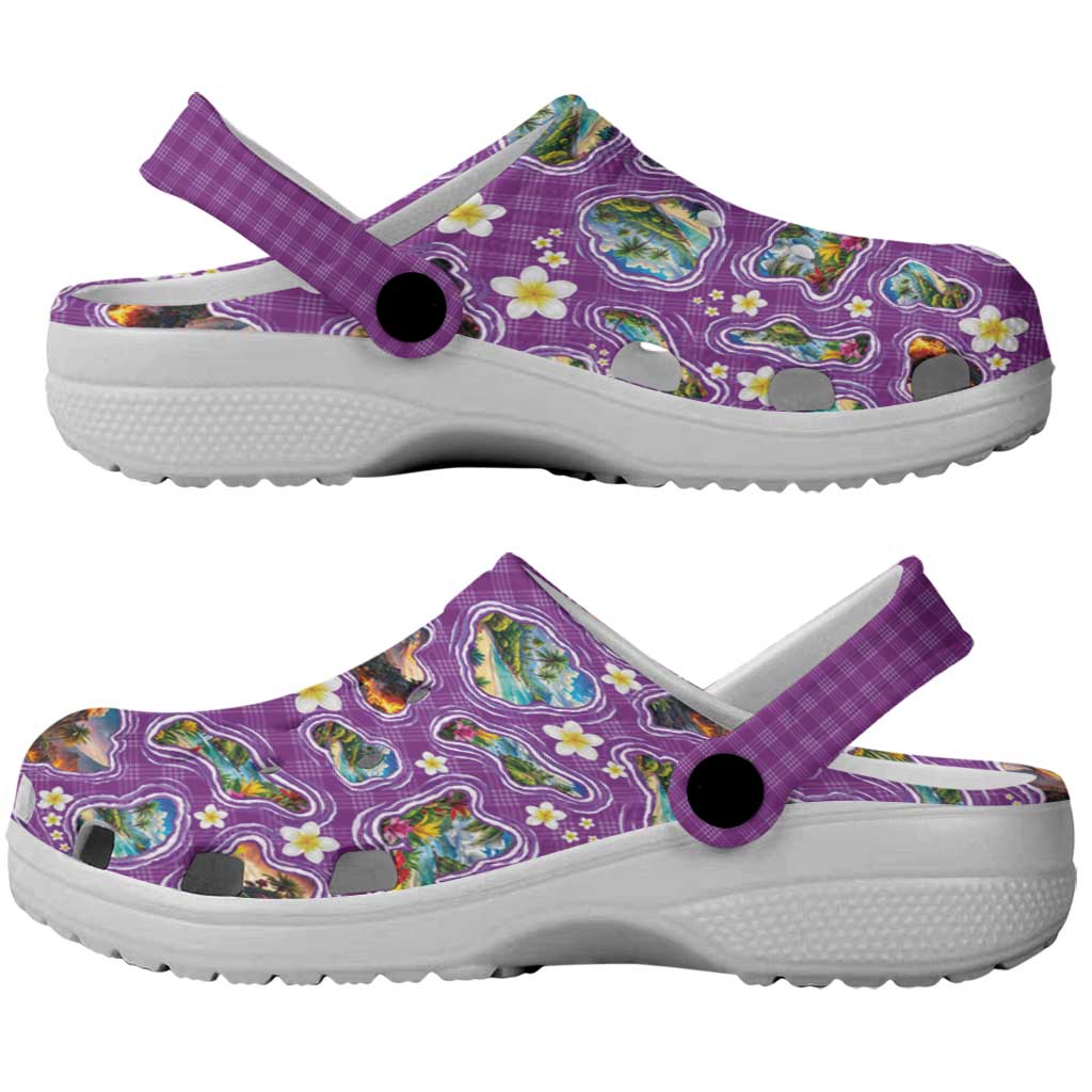 Hawaiian Island Shapes-Iconic Landscape Clogs Shoes with Plumeria and Palaka Purple Color LT03 - Polynesian Pride