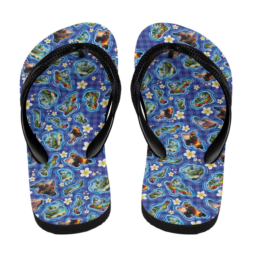 Hawaiian Island Shapes-Iconic Landscape Flip Flops with Plumeria and Palaka Blue Color