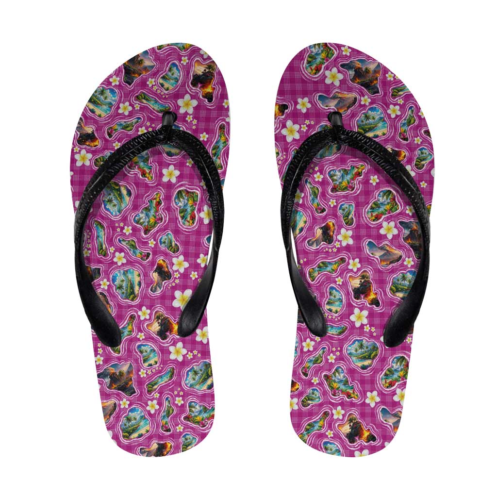 Hawaiian Island Shapes-Iconic Landscape Flip Flops with Plumeria and Palaka Pink Color LT03 Pink - Polynesian Pride