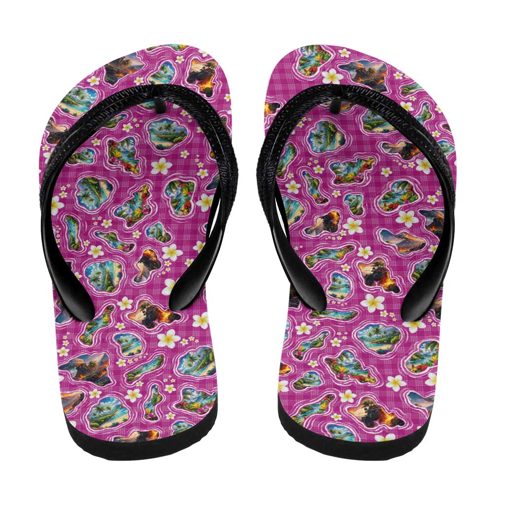 Hawaiian Island Shapes-Iconic Landscape Flip Flops with Plumeria and Palaka Pink Color LT03 - Polynesian Pride