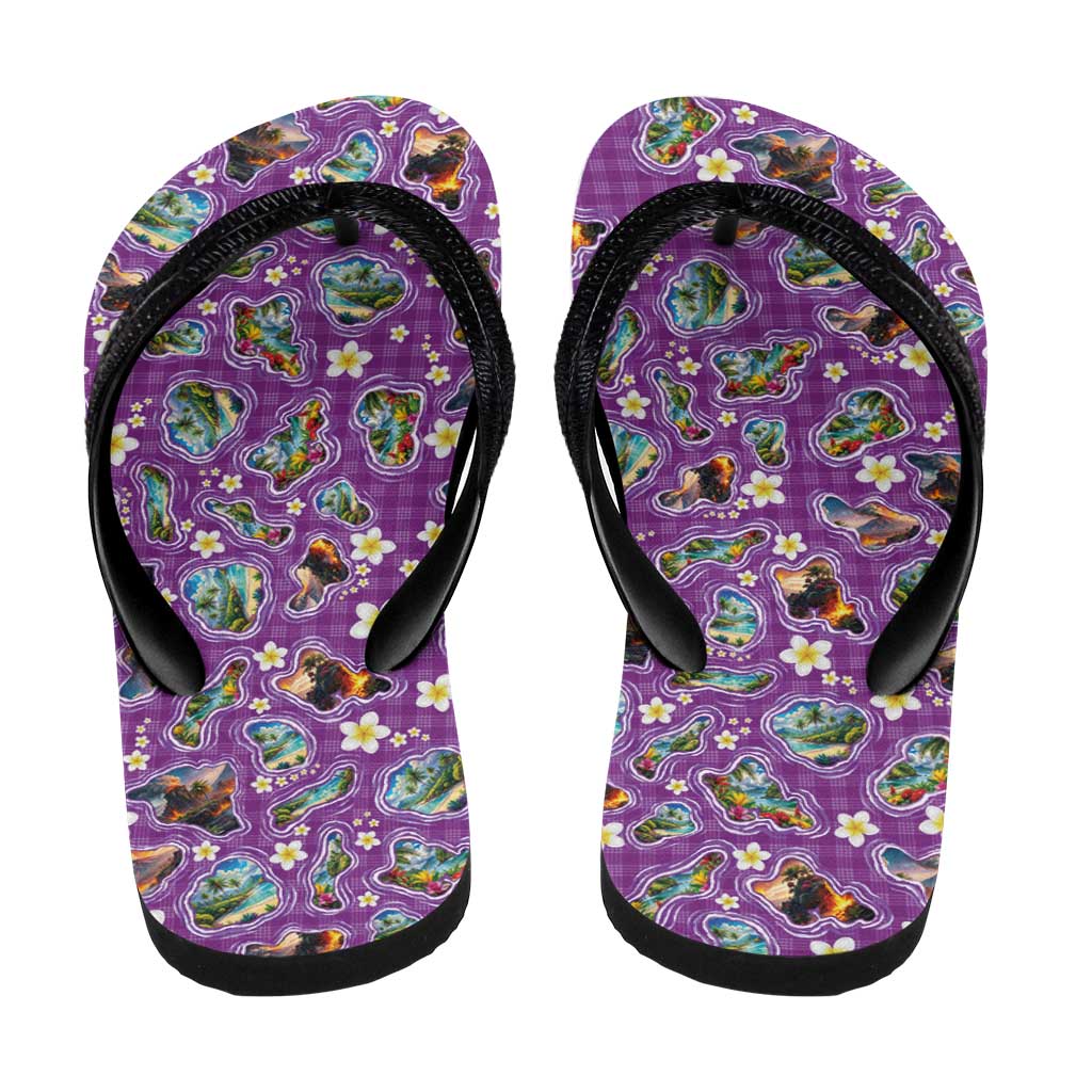 Hawaiian Island Shapes-Iconic Landscape Flip Flops with Plumeria and Palaka Purple Color LT03 - Polynesian Pride