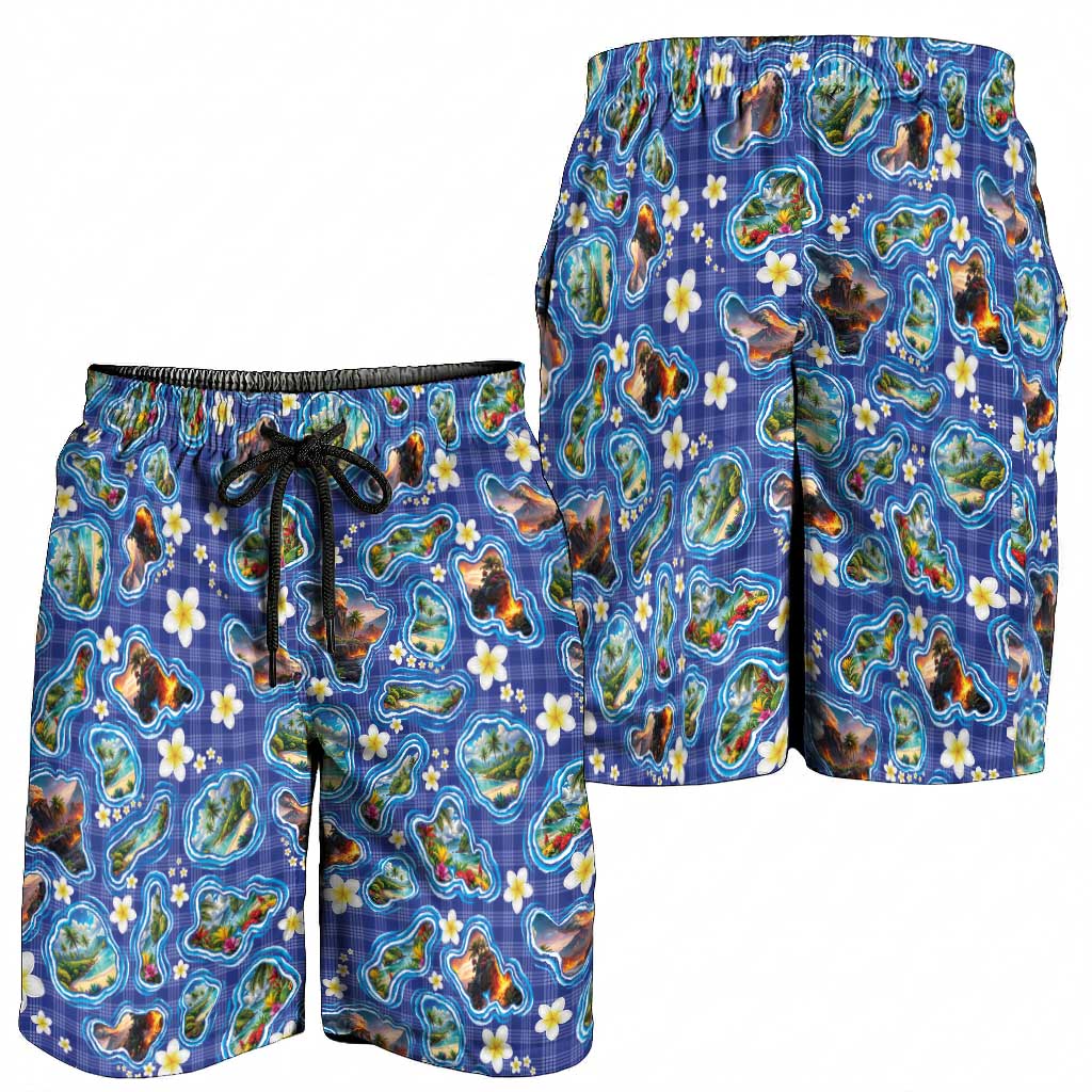 Hawaiian Island Shapes-Iconic Landscape Shorts for Men with Plumeria and Palaka Blue Color LT03 - Polynesian Pride