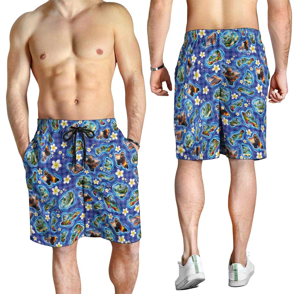 Hawaiian Island Shapes-Iconic Landscape Shorts for Men with Plumeria and Palaka Blue Color LT03 - Polynesian Pride