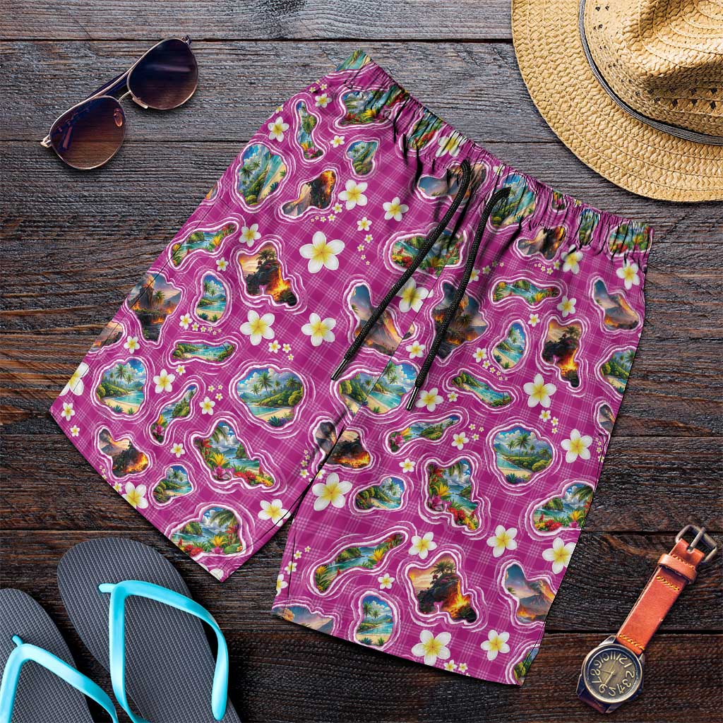 Hawaiian Island Shapes-Iconic Landscape Shorts for Men with Plumeria and Palaka Pink Color LT03 Pink - Polynesian Pride