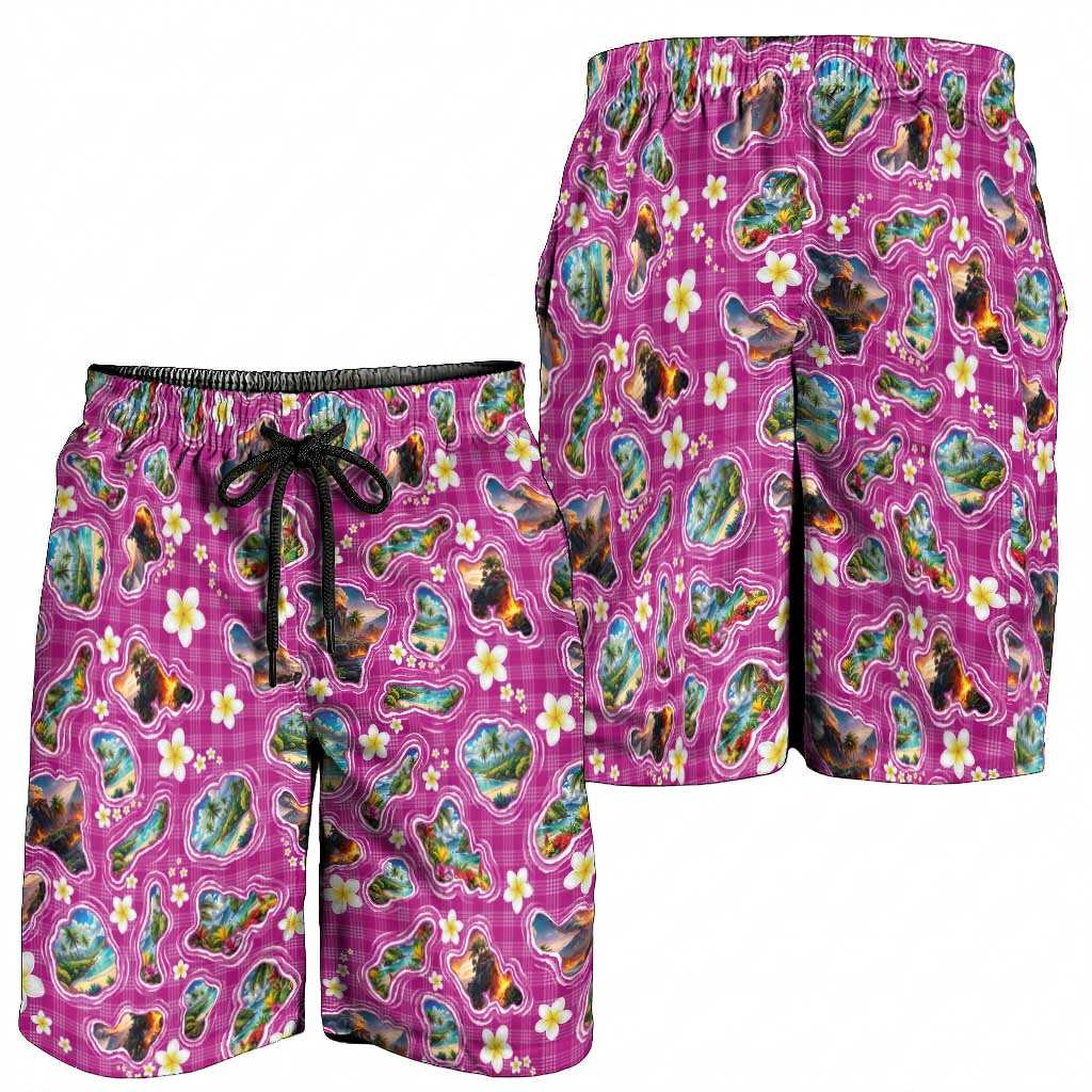 Hawaiian Island Shapes-Iconic Landscape Shorts for Men with Plumeria and Palaka Pink Color LT03 - Polynesian Pride