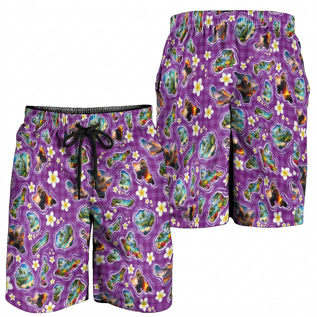 Hawaiian Island Shapes-Iconic Landscape Shorts for Men with Plumeria and Palaka Purple Color LT03 - Polynesian Pride