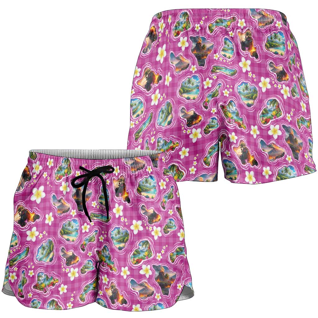Hawaiian Island Shapes-Iconic Landscape Shorts for Women with Plumeria and Palaka Pink Color LT03 - Polynesian Pride