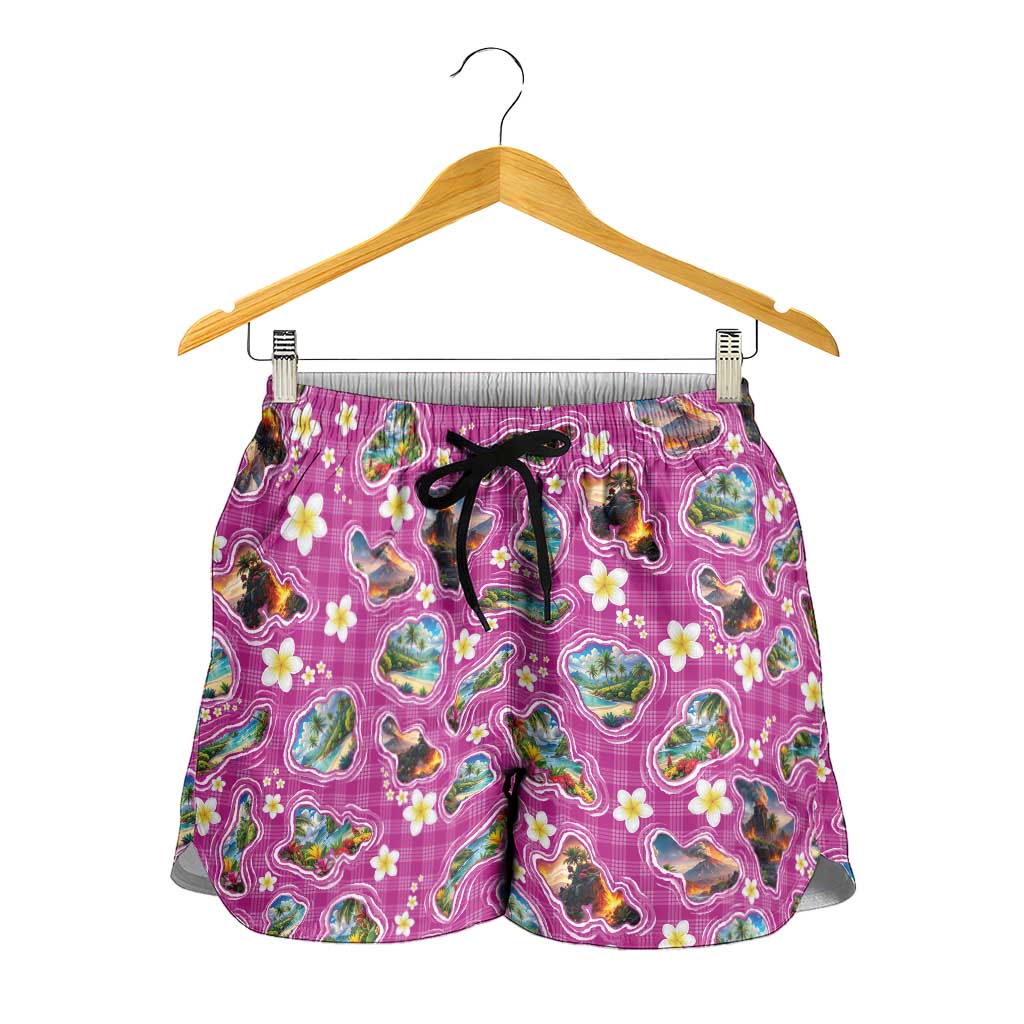 Hawaiian Island Shapes-Iconic Landscape Shorts for Women with Plumeria and Palaka Pink Color LT03 - Polynesian Pride