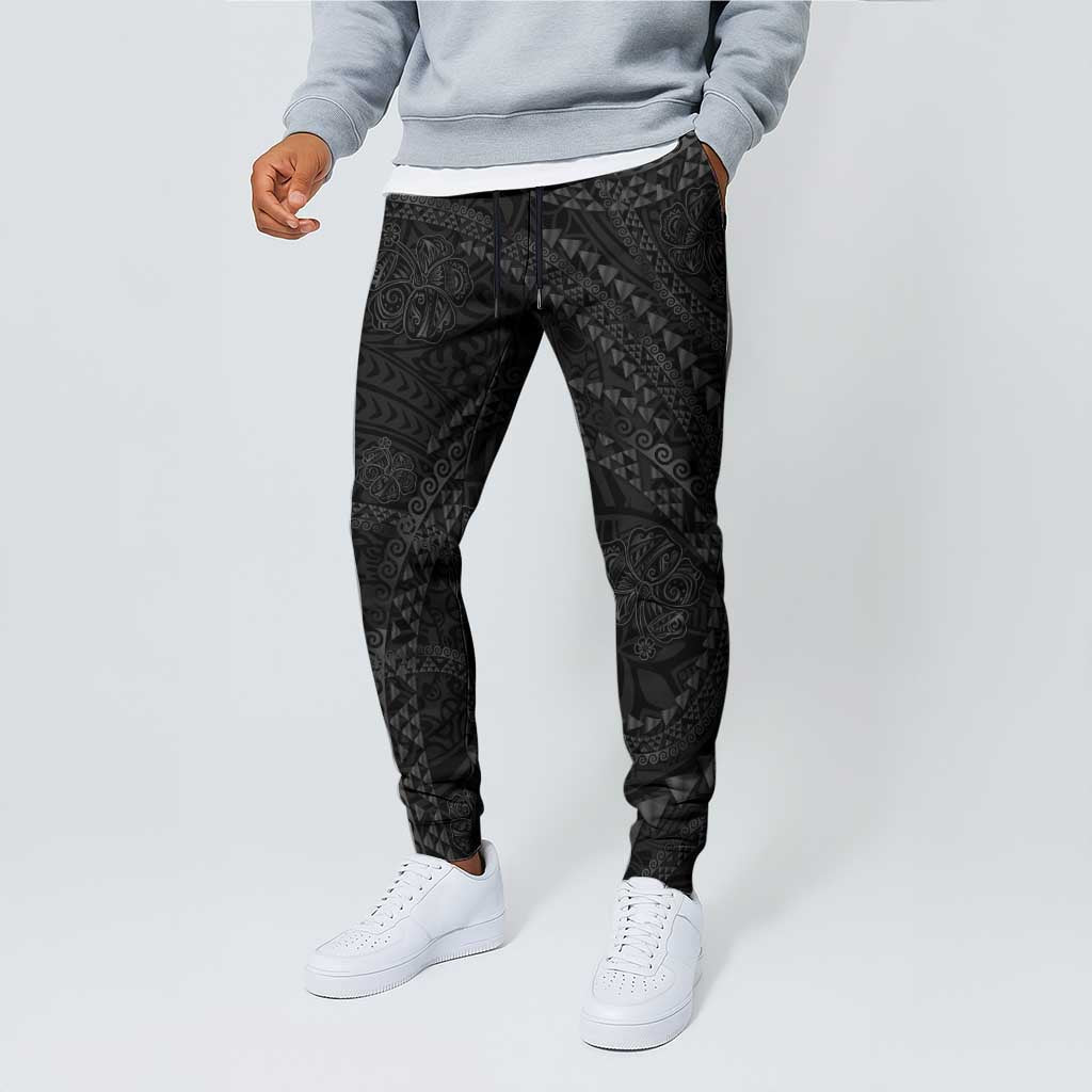 Hawaiian Kakau Art and Hisbiscus Tattoo Jogger Pants Tribal Pattern-Black Gradient Style - Polynesian Pride