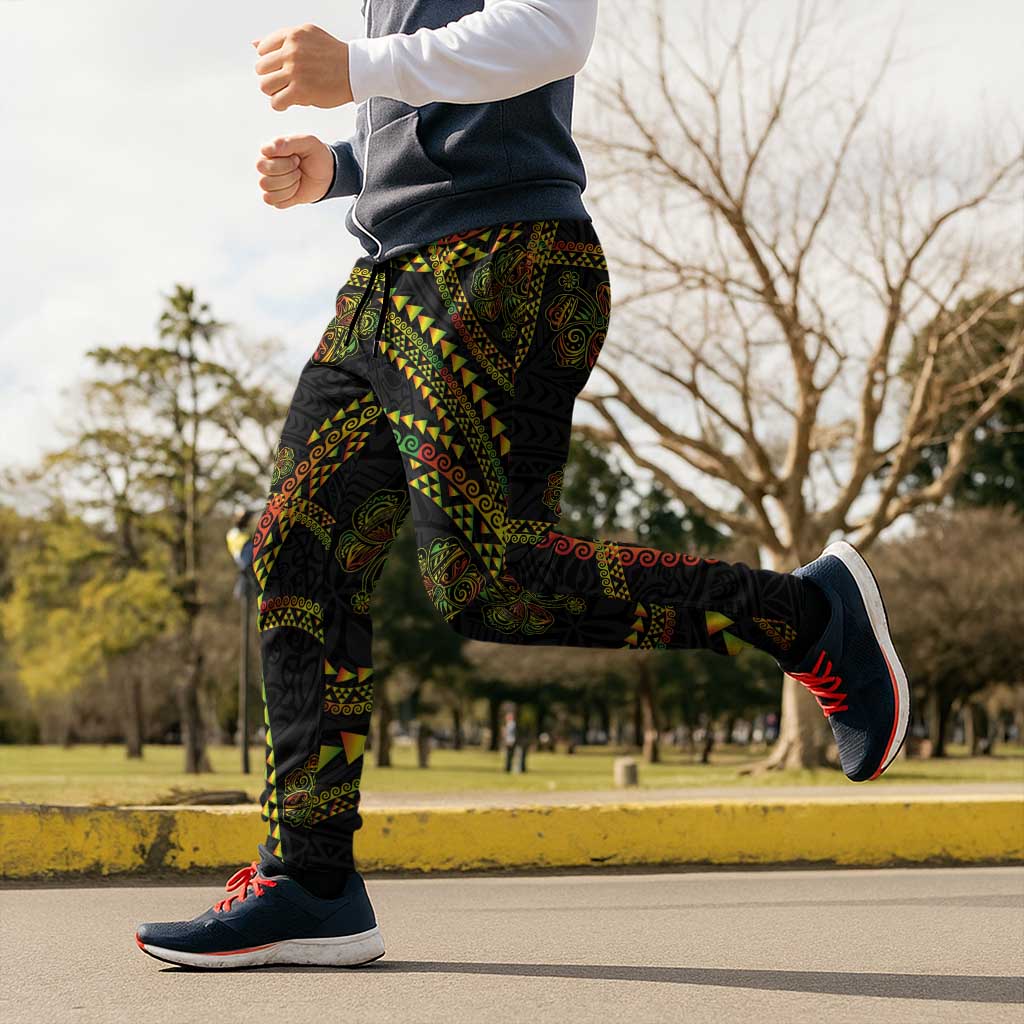 Hawaiian Kakau Art and Hisbiscus Tattoo Jogger Pants Tribal Pattern-Reggae Style - Polynesian Pride