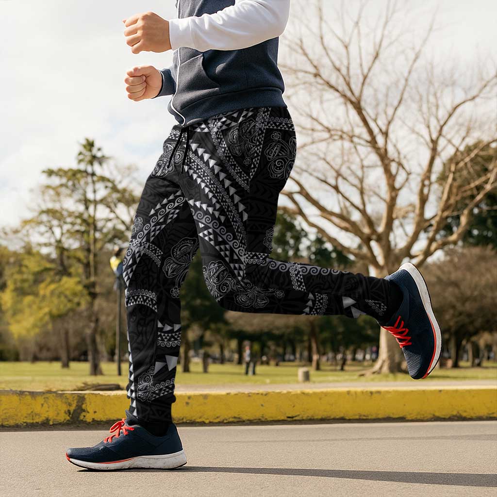 Hawaiian Kakau Art and Hisbiscus Tattoo Jogger Pants Tribal Pattern-Silver Style - Polynesian Pride