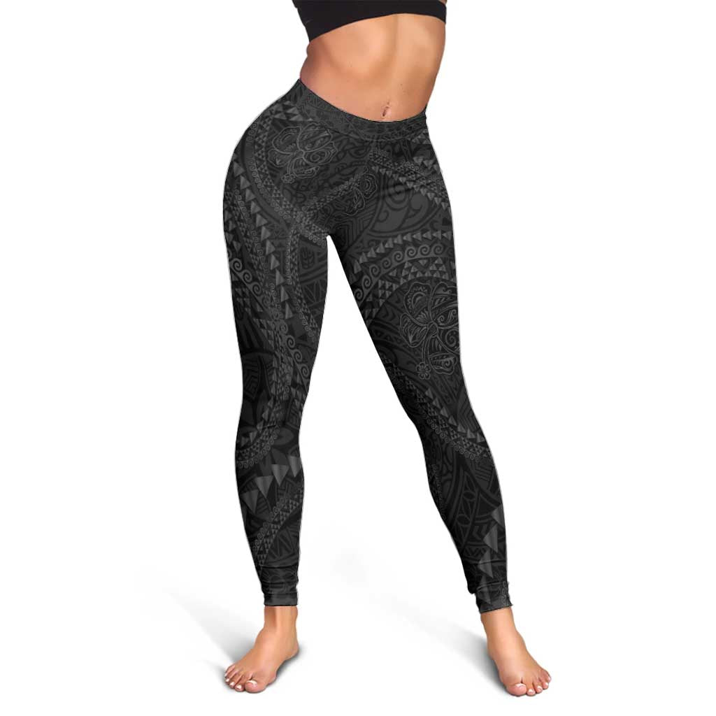 Hawaiian Kakau Art and Hisbiscus Tattoo Leggings Tribal Pattern-Black Gradient Style - Polynesian Pride
