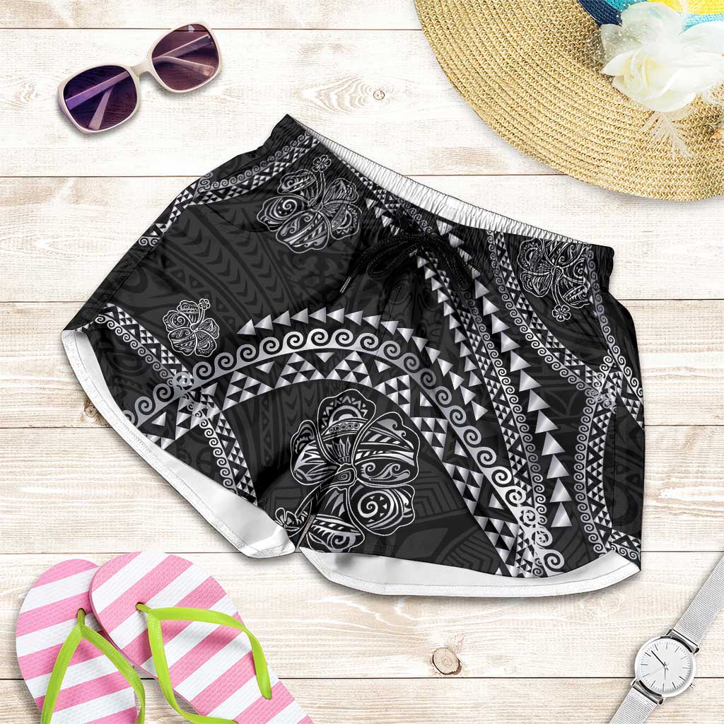 Hawaiian Kakau Art and Hisbiscus Tattoo Shorts for Women Tribal Pattern-Silver Style - Polynesian Pride