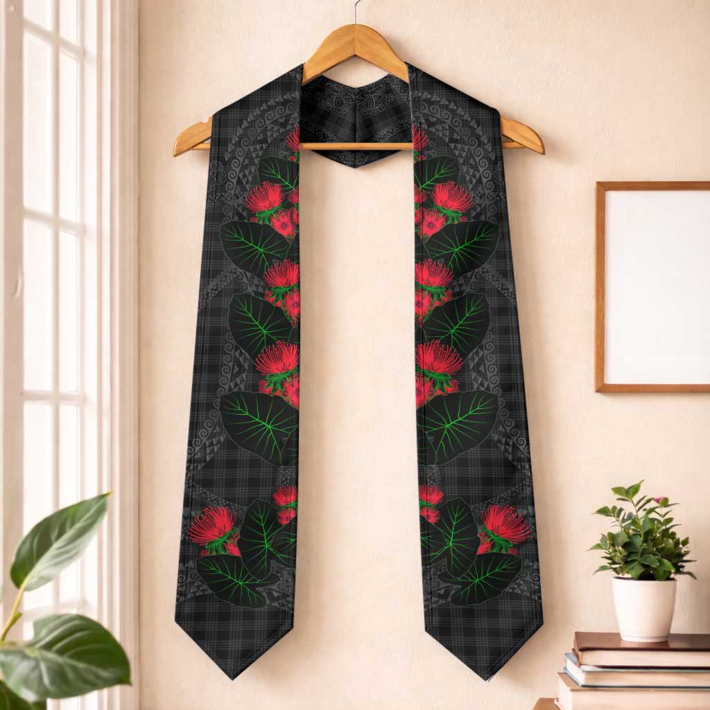 Hawaiian Kakau Art Graduation Stole Taro Leaves with Ohia Lehua and Pakala Pattern LT03 One Size Black - Polynesian Pride