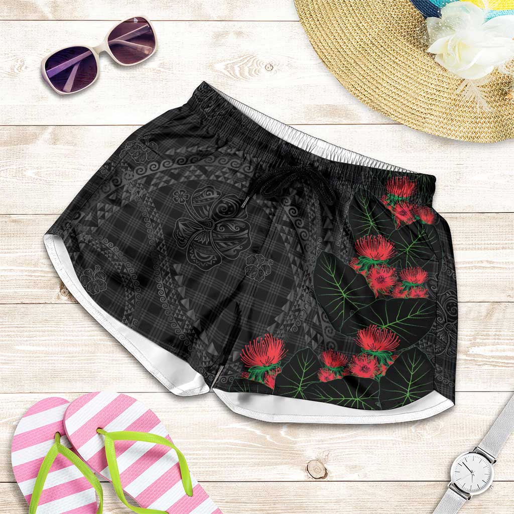 Hawaiian Kakau Art Shorts for Women Taro Leaves with Ohia Lehua and Pakala Pattern LT03 Black - Polynesian Pride