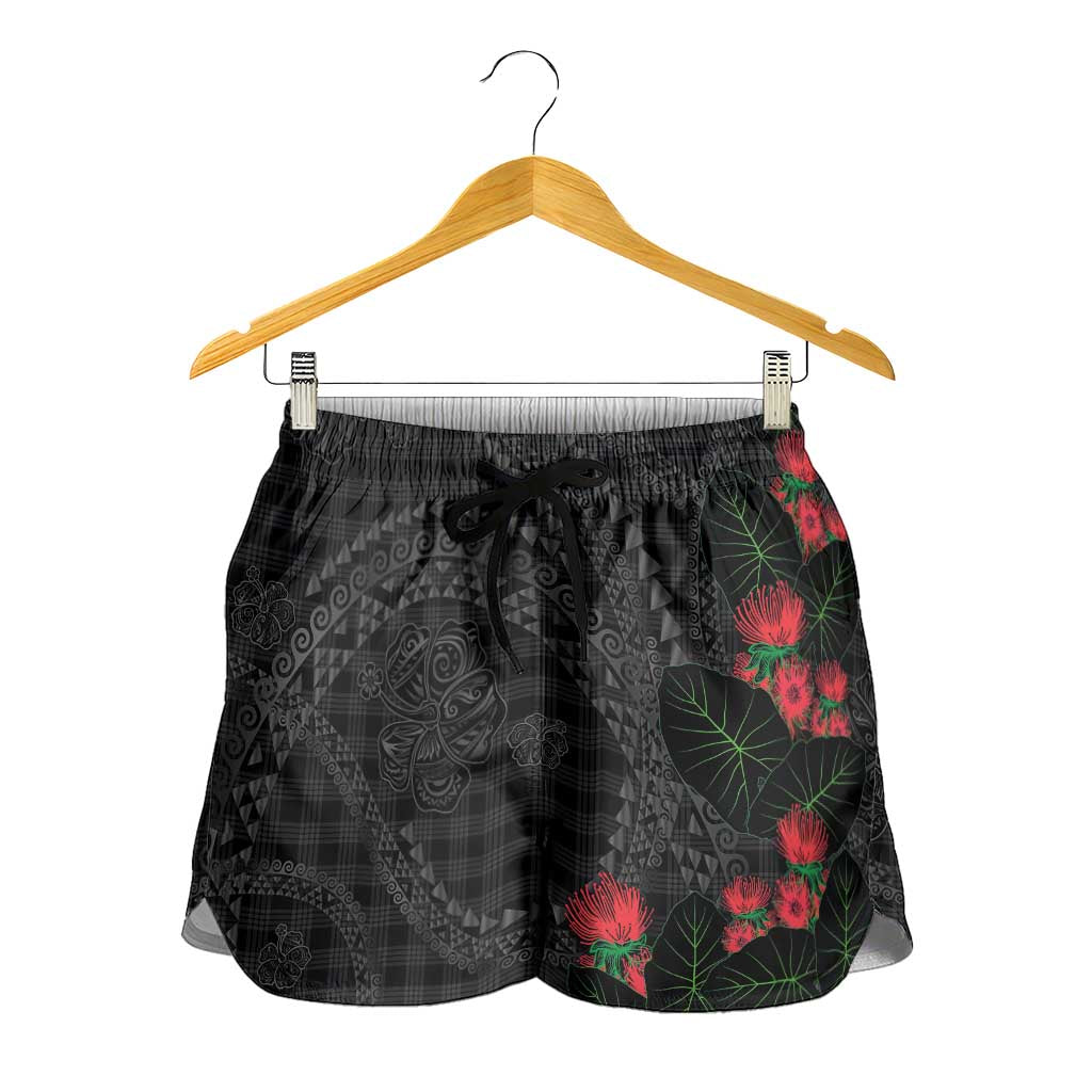 Hawaiian Kakau Art Shorts for Women Taro Leaves with Ohia Lehua and Pakala Pattern LT03 - Polynesian Pride