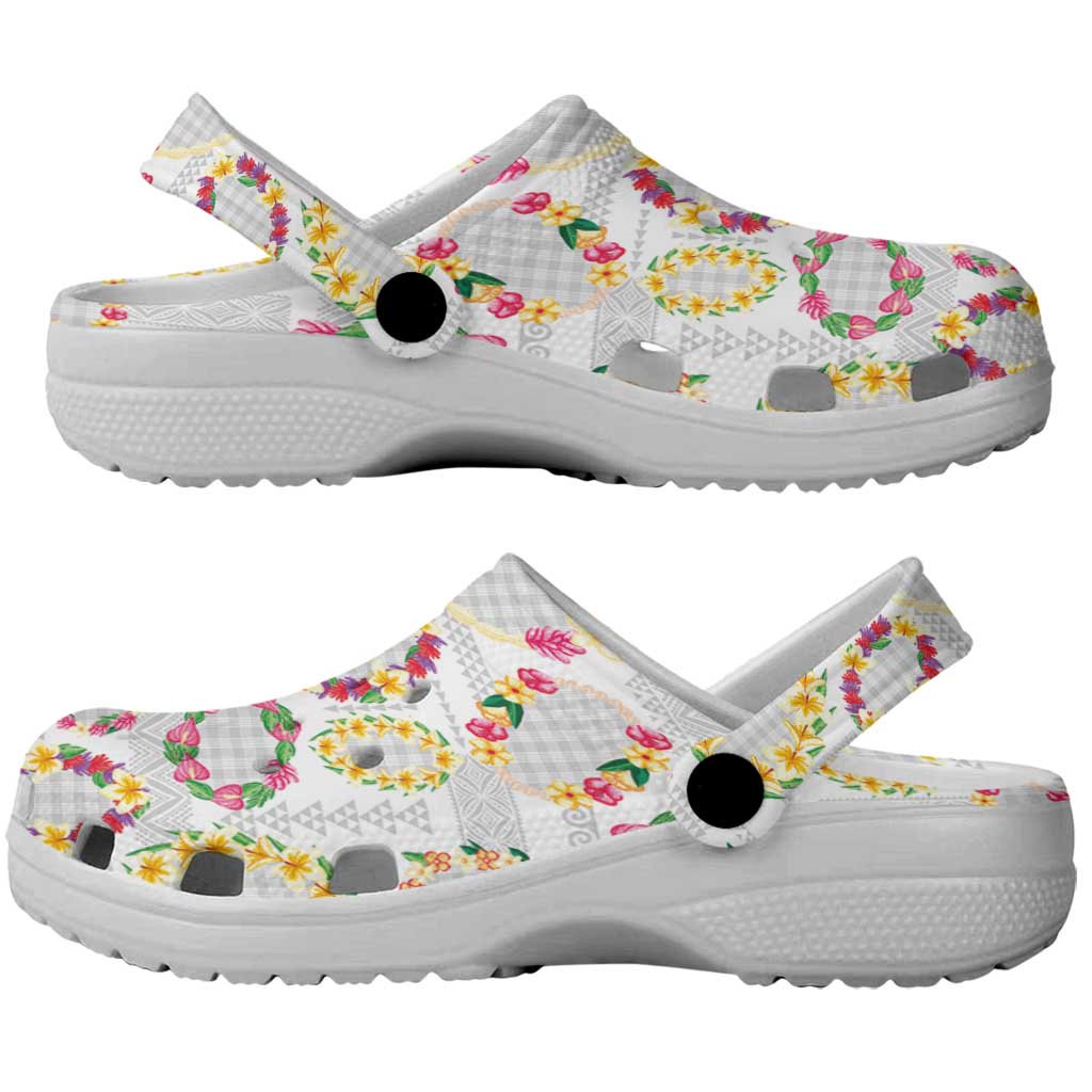 Hawaiian Kakau Tattoo Leis and Palaka Pattern Clogs Shoes Traditional Aloha Tribal White Color