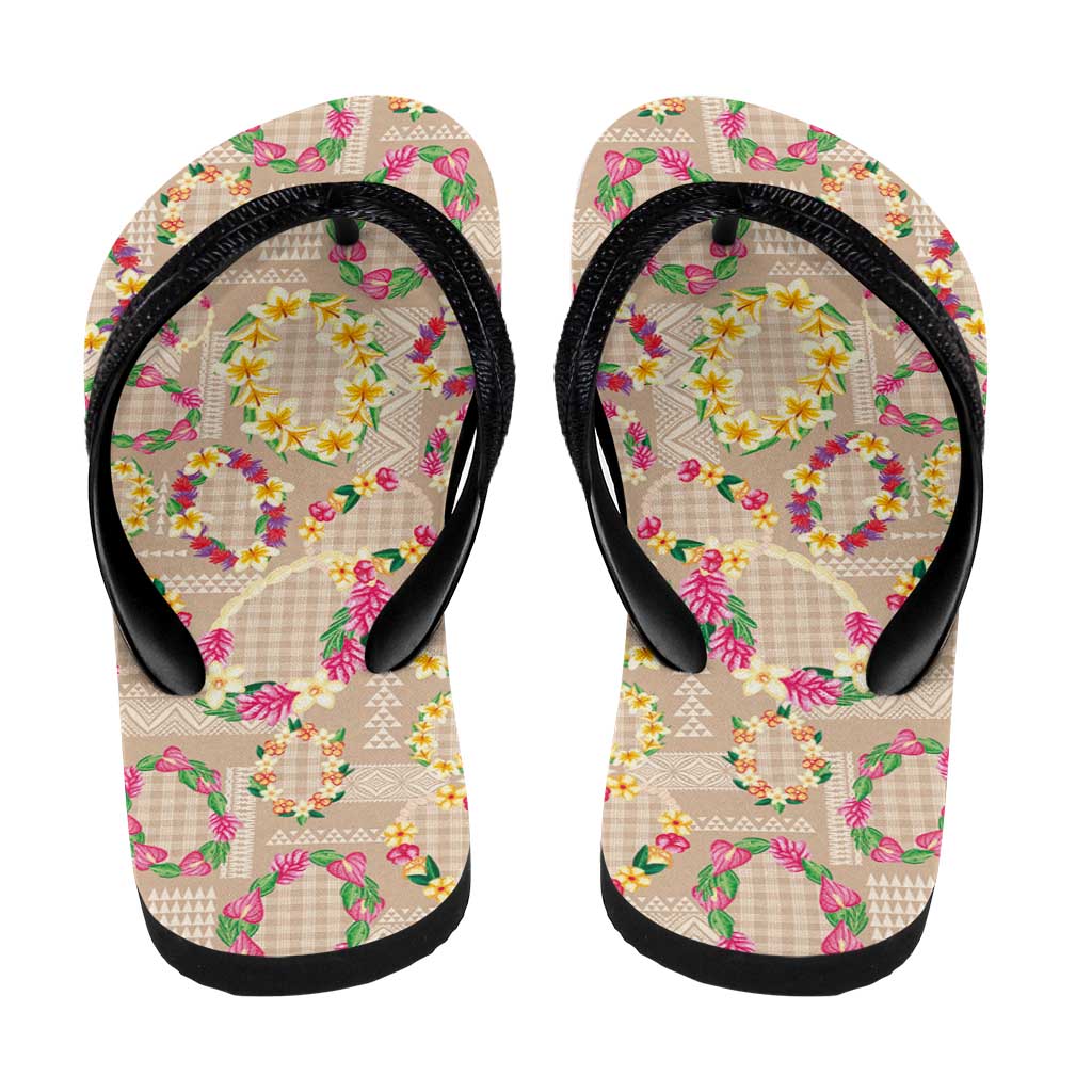 Hawaiian Kakau Tattoo Leis and Palaka Pattern Flip Flops Traditional Aloha Tribal Beige Color