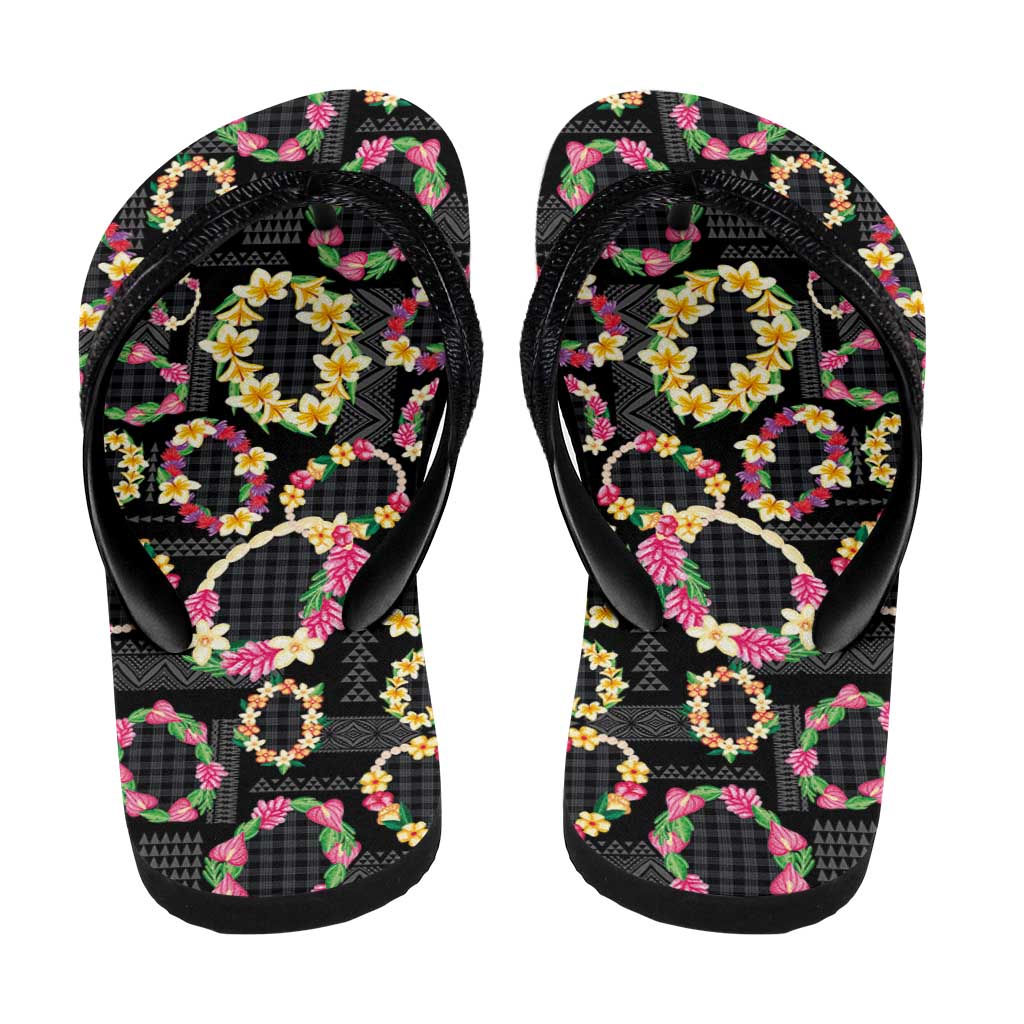 Hawaiian Kakau Tattoo Leis and Palaka Pattern Flip Flops Traditional Aloha Tribal Black Color