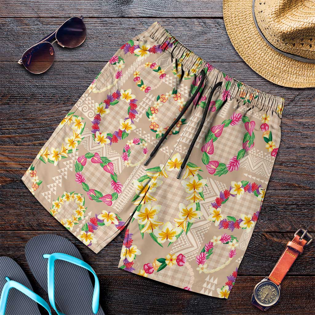 Hawaiian Kakau Tattoo Leis and Palaka Pattern Shorts for Men Traditional Aloha Tribal Beige Color LT03 Beige - Polynesian Pride
