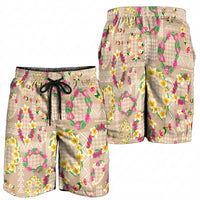 Hawaiian Kakau Tattoo Leis and Palaka Pattern Shorts for Men Traditional Aloha Tribal Beige Color LT03 - Polynesian Pride