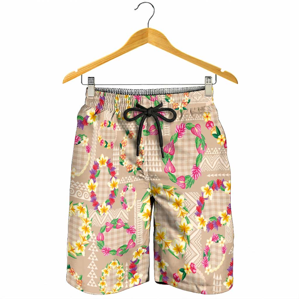 Hawaiian Kakau Tattoo Leis and Palaka Pattern Shorts for Men Traditional Aloha Tribal Beige Color LT03 - Polynesian Pride