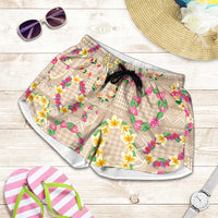 Hawaiian Kakau Tattoo Leis and Palaka Pattern Shorts for Women Traditional Aloha Tribal Beige Color LT03 Beige - Polynesian Pride