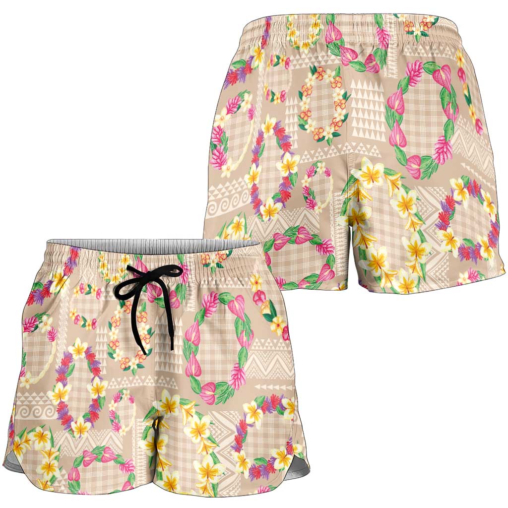 Hawaiian Kakau Tattoo Leis and Palaka Pattern Shorts for Women Traditional Aloha Tribal Beige Color LT03 - Polynesian Pride