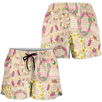 Hawaiian Kakau Tattoo Leis and Palaka Pattern Shorts for Women Traditional Aloha Tribal Beige Color LT03 - Polynesian Pride