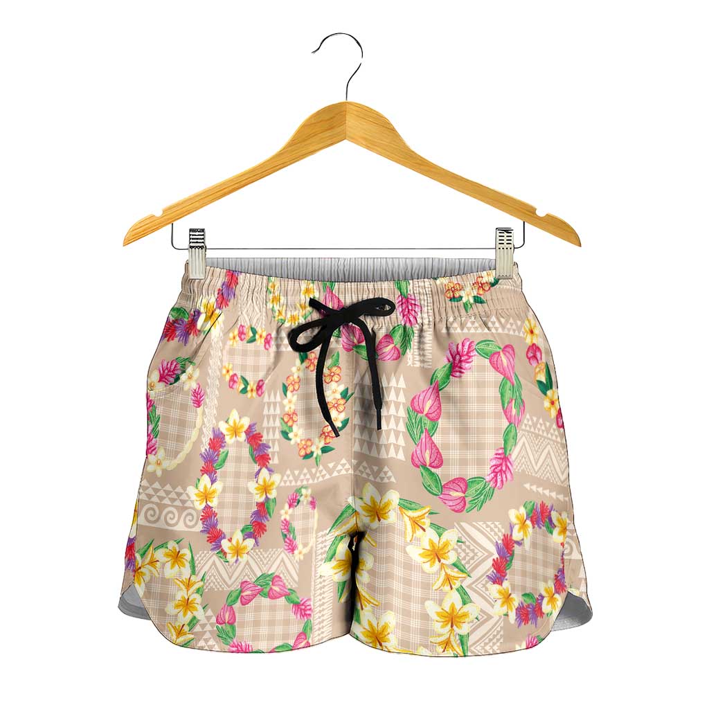Hawaiian Kakau Tattoo Leis and Palaka Pattern Shorts for Women Traditional Aloha Tribal Beige Color LT03 - Polynesian Pride