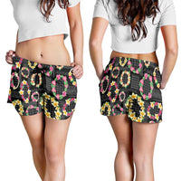 Hawaiian Kakau Tattoo Leis and Palaka Pattern Shorts for Women Traditional Aloha Tribal Black Color LT03 - Polynesian Pride