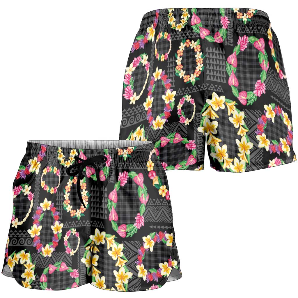 Hawaiian Kakau Tattoo Leis and Palaka Pattern Shorts for Women Traditional Aloha Tribal Black Color LT03 - Polynesian Pride
