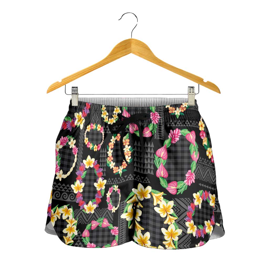 Hawaiian Kakau Tattoo Leis and Palaka Pattern Shorts for Women Traditional Aloha Tribal Black Color LT03 - Polynesian Pride