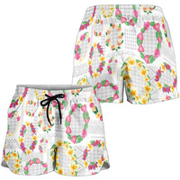 Hawaiian Kakau Tattoo Leis and Palaka Pattern Shorts for Women Traditional Aloha Tribal White Color LT03 - Polynesian Pride