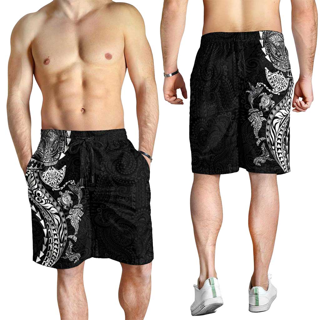 Hawaiian Kakau Tribal Sea Animals Tattoos Shorts for Men Black Color