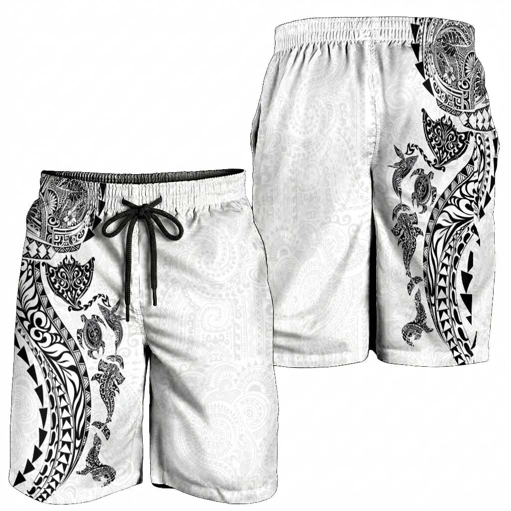 Hawaiian Kakau Tribal Sea Animals Tattoos Shorts for Men White Color