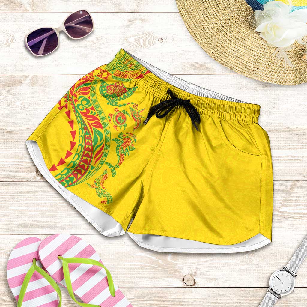 Hawaiian Kakau Tribal Sea Animals Tattoos Shorts for Women Kanaka Maoli Flag Color Inspired LT03 Multicolor - Polynesian Pride