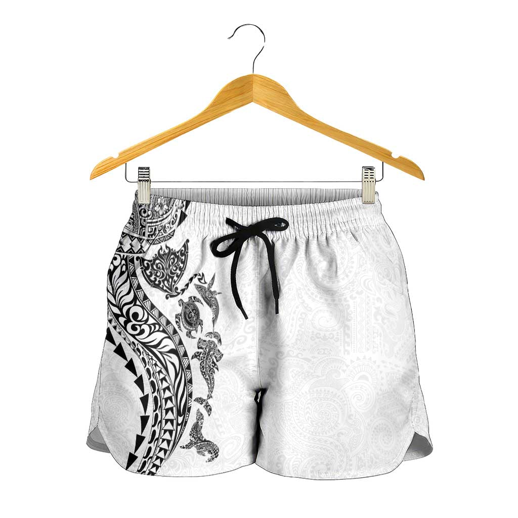 Hawaiian Kakau Tribal Sea Animals Tattoos Shorts for Women White Color LT03 - Polynesian Pride