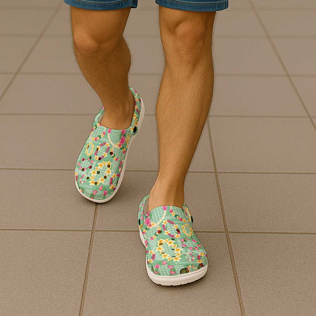 Hawaiian Leis Clogs Shoes Kakau Tattoos and Palaka Pastel Green Color