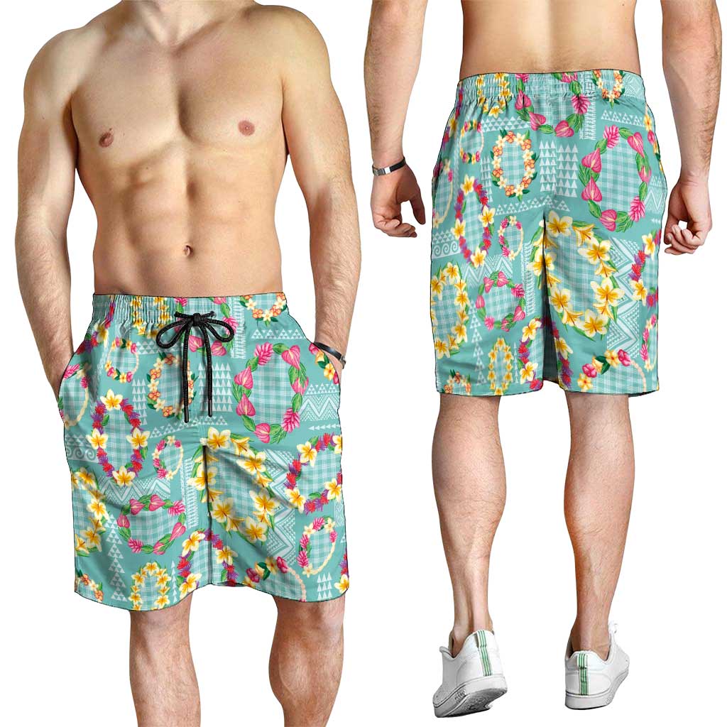 Hawaiian Leis Shorts for Men Kakau Tattoos and Palaka Pastel Teal Color LT03 - Polynesian Pride