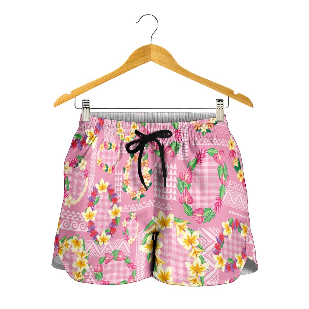 Hawaiian Leis Shorts for Women Kakau Tattoos and Palaka Pastel Pink Color LT03 - Polynesian Pride