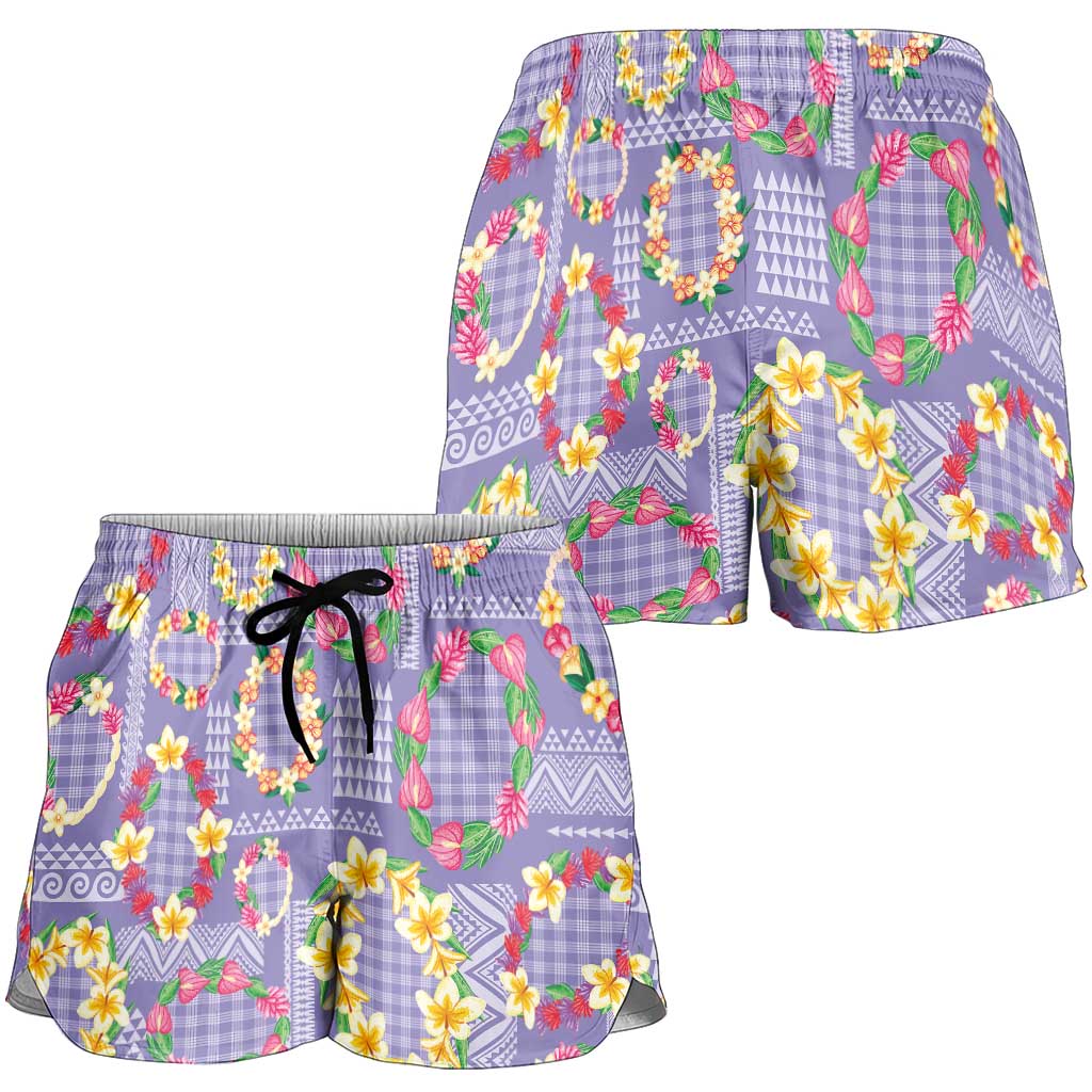 Hawaiian Leis Shorts for Women Kakau Tattoos and Palaka Pastel Purple Color LT03 - Polynesian Pride