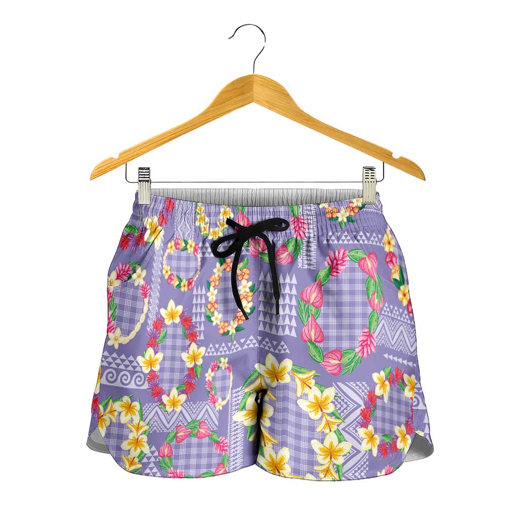 Hawaiian Leis Shorts for Women Kakau Tattoos and Palaka Pastel Purple Color LT03 - Polynesian Pride