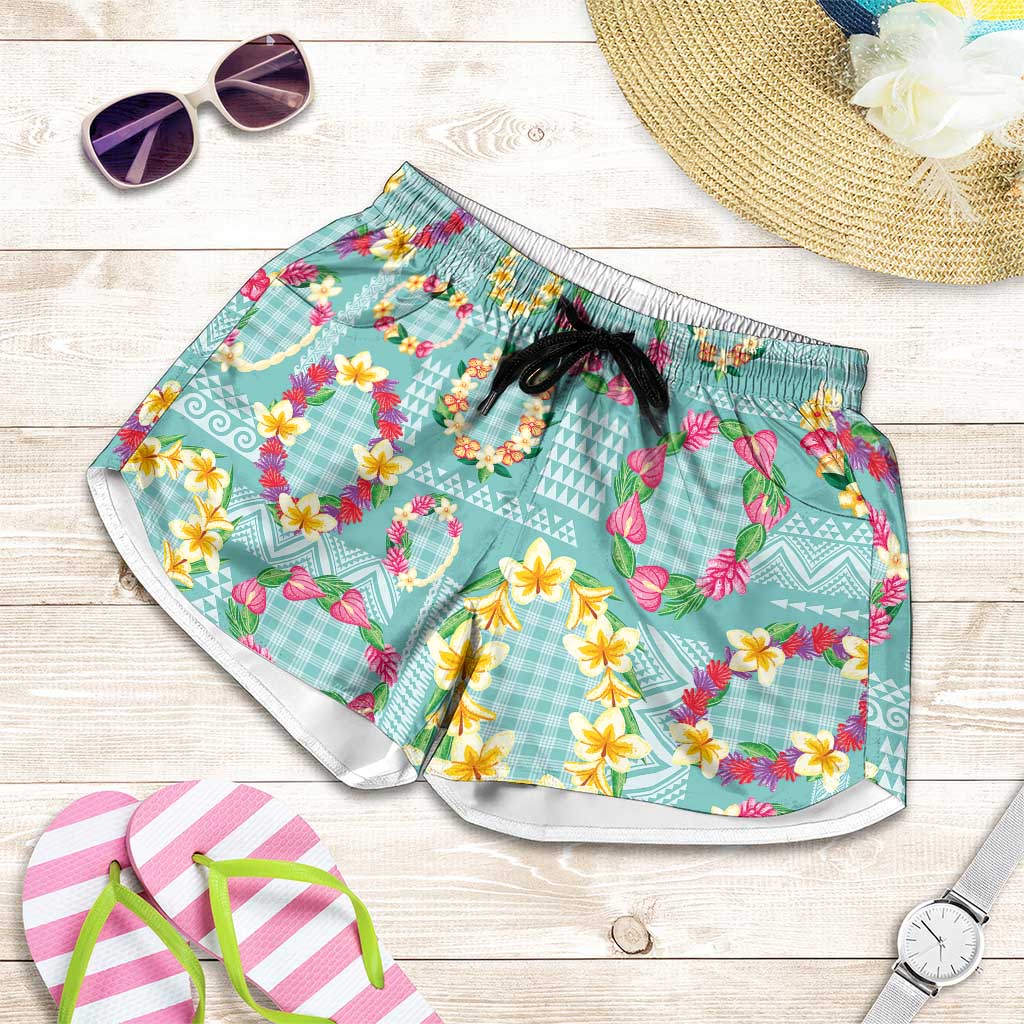 Hawaiian Leis Shorts for Women Kakau Tattoos and Palaka Pastel Teal Color