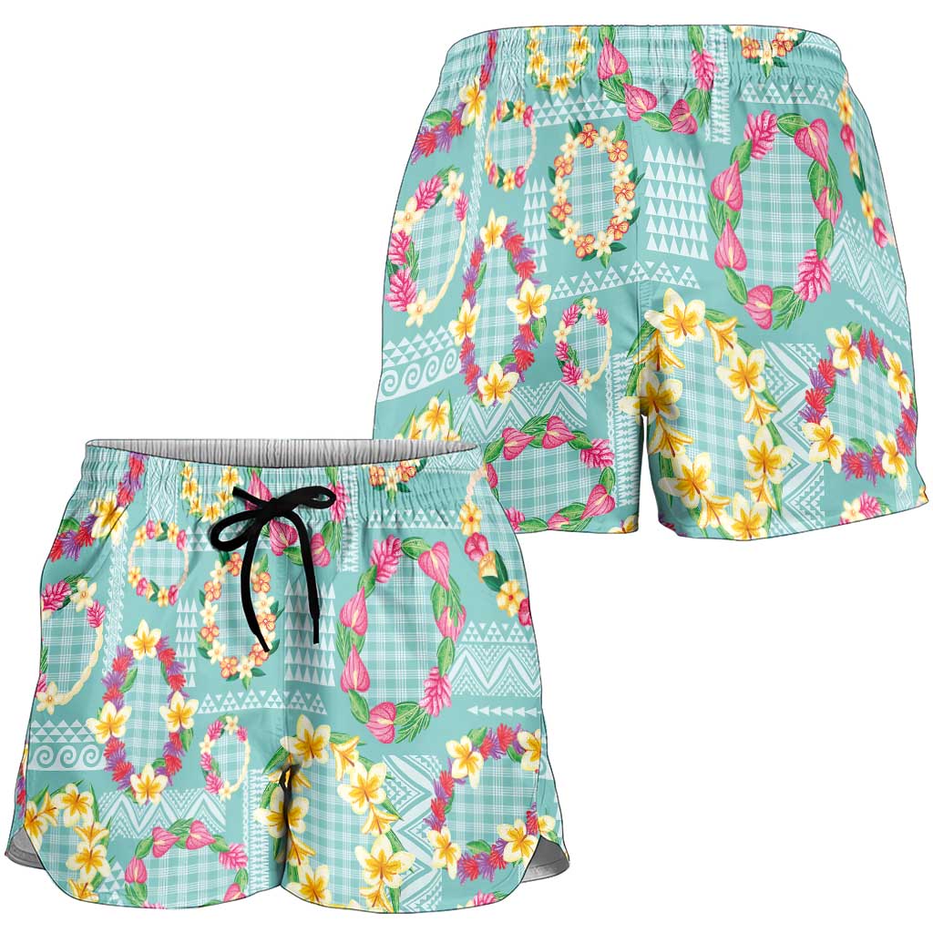 Hawaiian Leis Shorts for Women Kakau Tattoos and Palaka Pastel Teal Color LT03 - Polynesian Pride